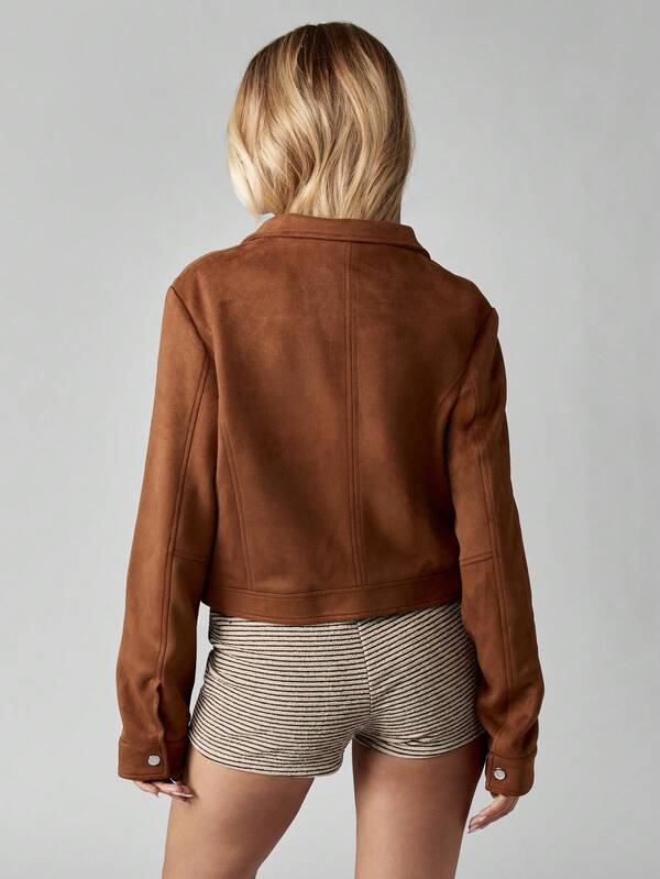 MISSGUIDED Cropped Suede Bomber Jacket With Stand Collar