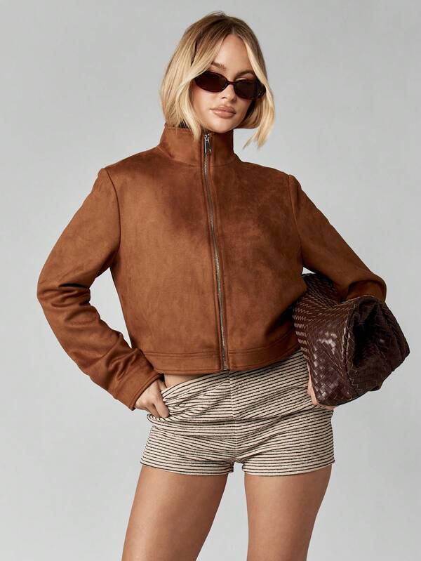 MISSGUIDED Cropped Suede Bomber Jacket With Stand Collar