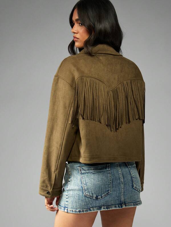 MISSGUIDED Cropped Suede Jacket With Fringe Detail And Snap Buttons