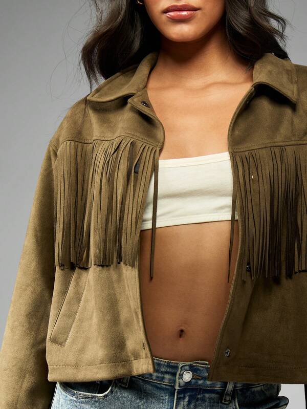 MISSGUIDED Cropped Suede Jacket With Fringe Detail And Snap Buttons