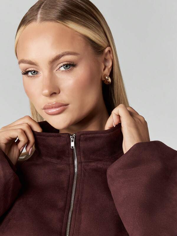 MISSGUIDED Cropped Suede Jacket With Stand Collar And Zipper