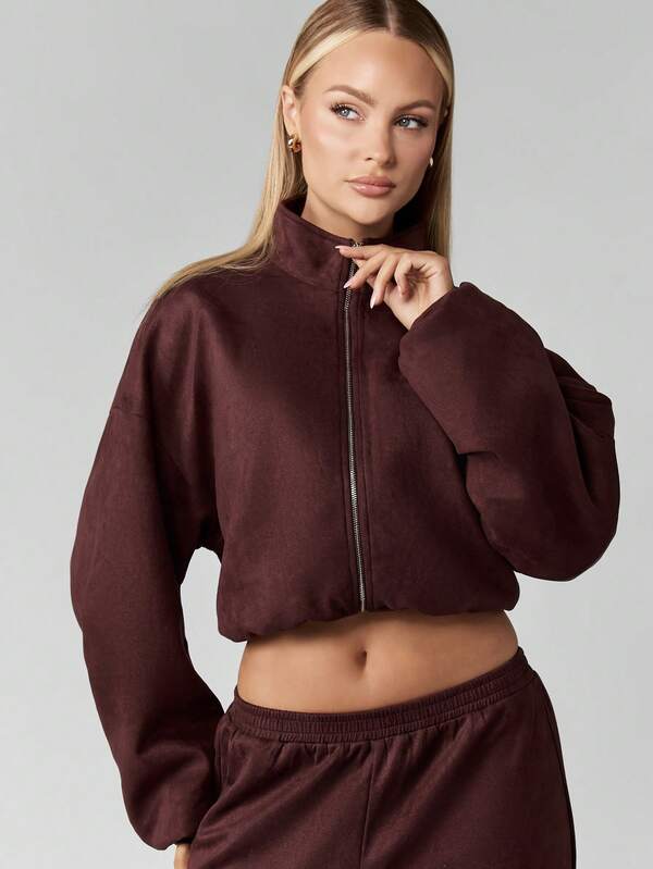 MISSGUIDED Cropped Suede Jacket With Stand Collar And Zipper