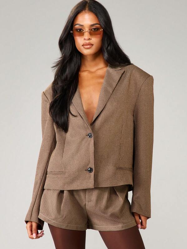 MISSGUIDED Cropped Tweed Blazer With Houndstooth Pattern