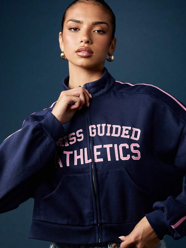MISSGUIDED Cropped Zip Through Sweatshirt With Varsity Letters