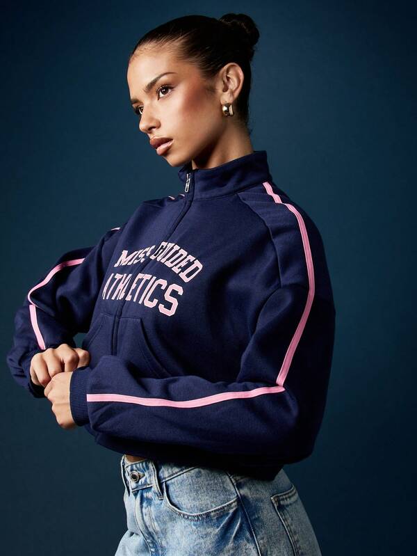 MISSGUIDED Cropped Zip Through Sweatshirt With Varsity Letters