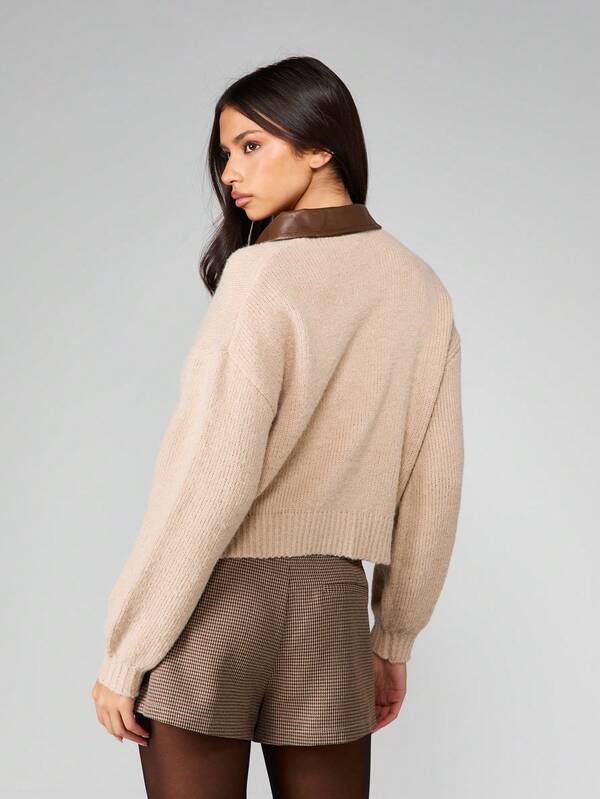 MISSGUIDED Cropped Zip Up Cardigan With Leather Collar