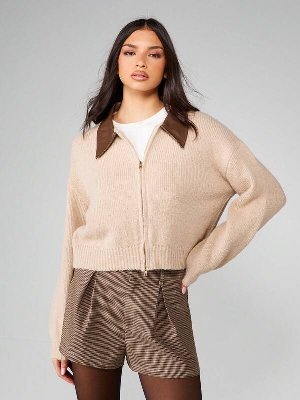 MISSGUIDED Cropped Zip Up Cardigan With Leather Collar