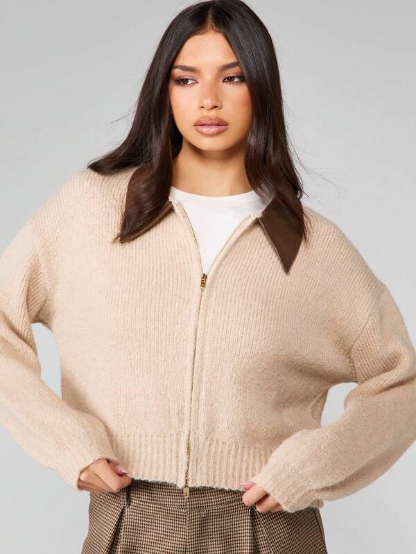 MISSGUIDED Cropped Zip Up Cardigan With Leather Collar
