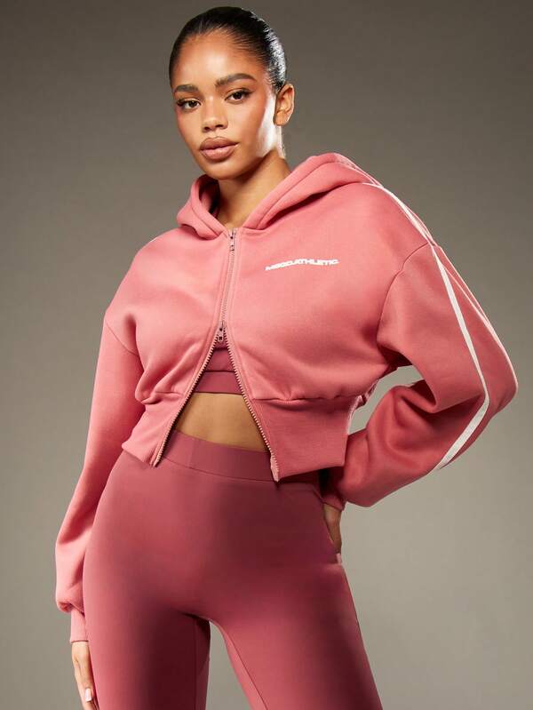MISSGUIDED Cropped Zip Up Hoodie With Drawstring And White Stripe