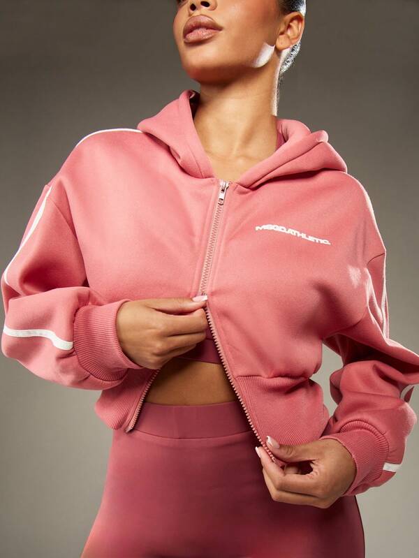 MISSGUIDED Cropped Zip Up Hoodie With Drawstring And White Stripe