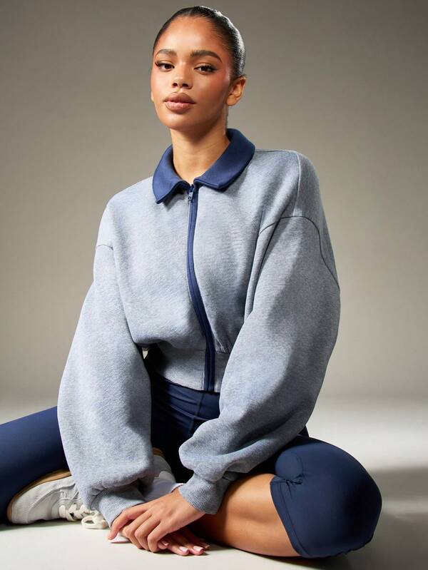 MISSGUIDED Cropped Zip Up Sweatshirt With Ribbed Collar And Waistband