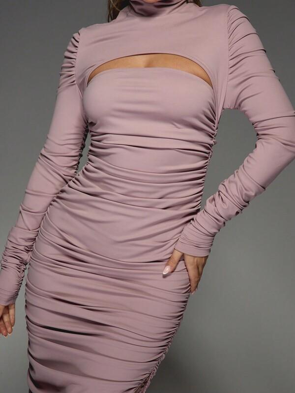 MISSGUIDED Cut-Out High Neck Long Sleeves Ruched Side Slit Slinky Maxi Dress