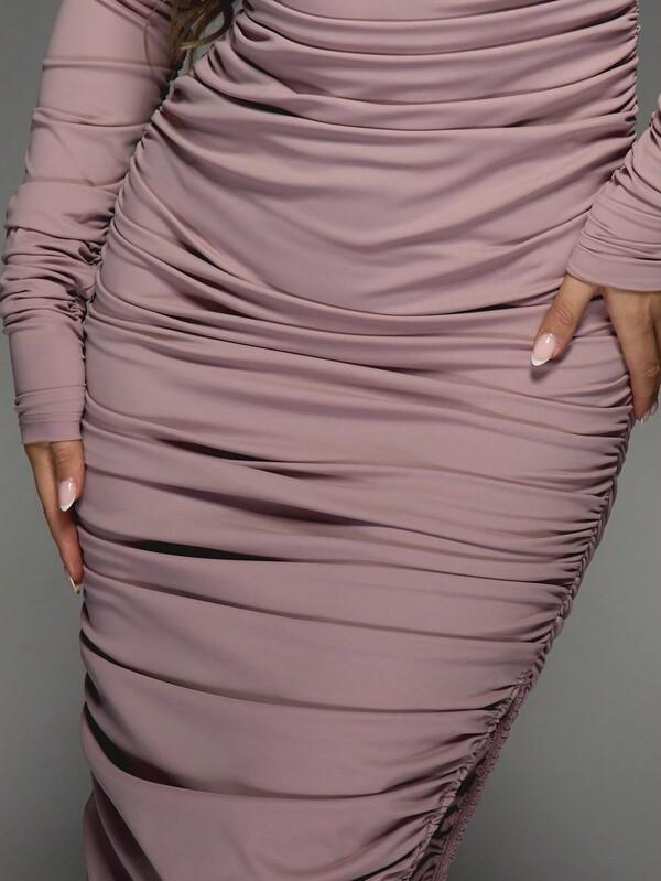 MISSGUIDED Cut-Out High Neck Long Sleeves Ruched Side Slit Slinky Maxi Dress
