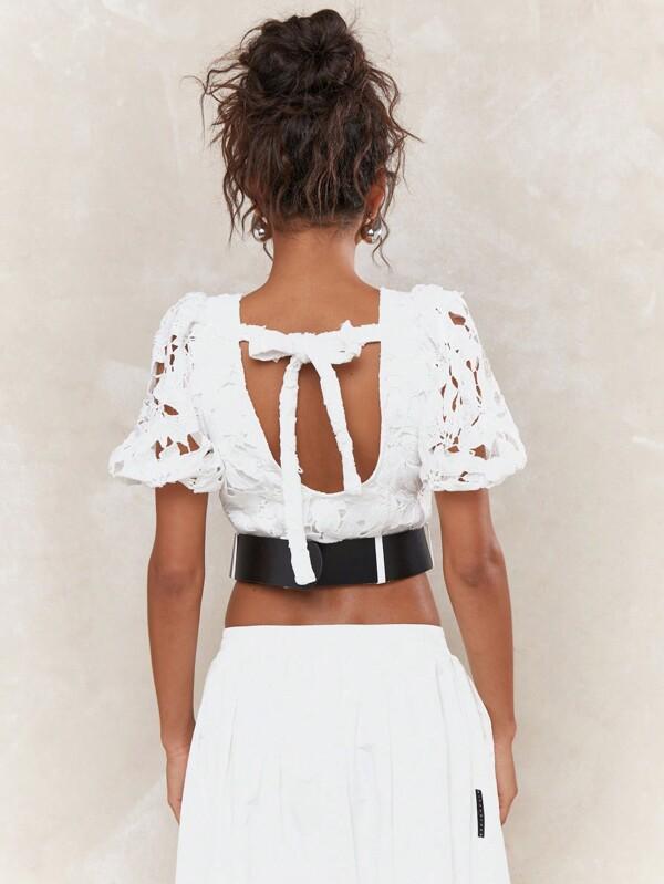 MISSGUIDED Cut-Out Lace Balloon Short Sleeves Square Neck Belted Hem Crop Top