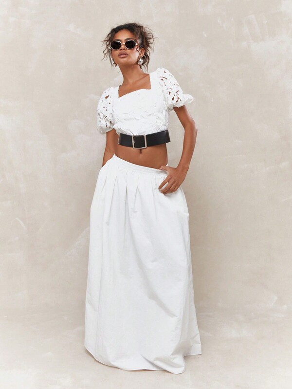 MISSGUIDED Cut-Out Lace Balloon Short Sleeves Square Neck Belted Hem Crop Top