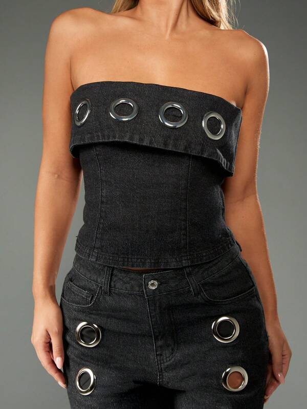 MISSGUIDED Dark Wash Denim Corset Top With Metal Eyelets