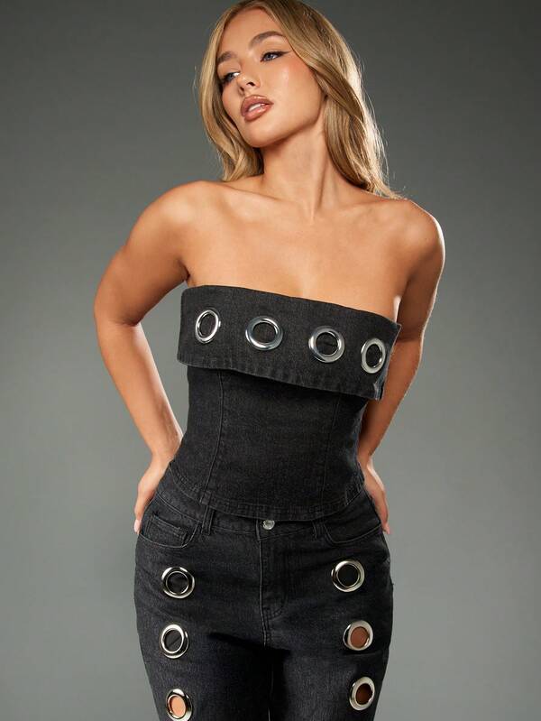 MISSGUIDED Dark Wash Denim Corset Top With Metal Eyelets