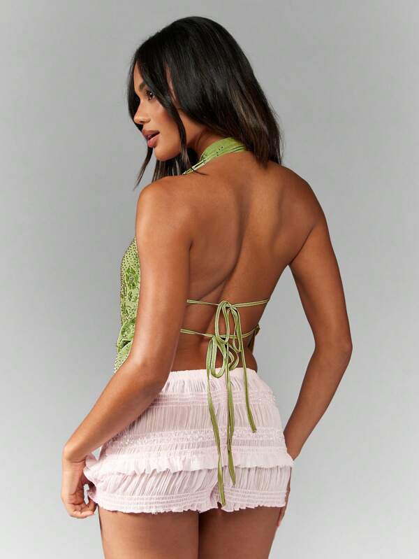 MISSGUIDED Deep Plunge Sequin Halter Neck Backless Top