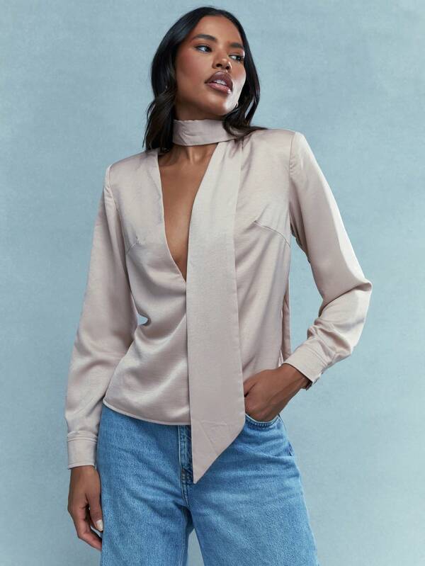 MISSGUIDED Deep V Neck Long Sleeve Blouse With Scarf