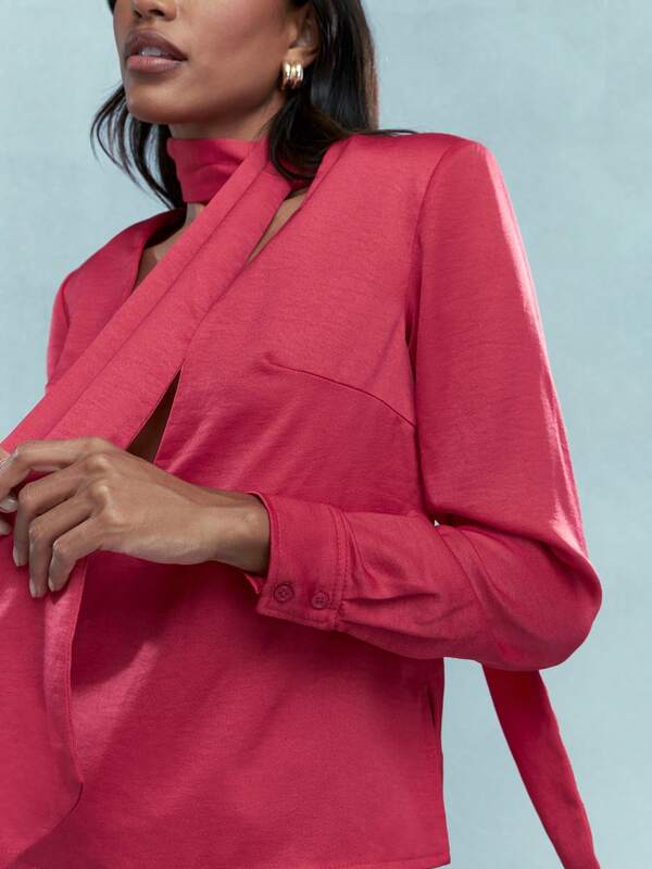 MISSGUIDED Deep V Neck Long Sleeve Blouse With Scarf