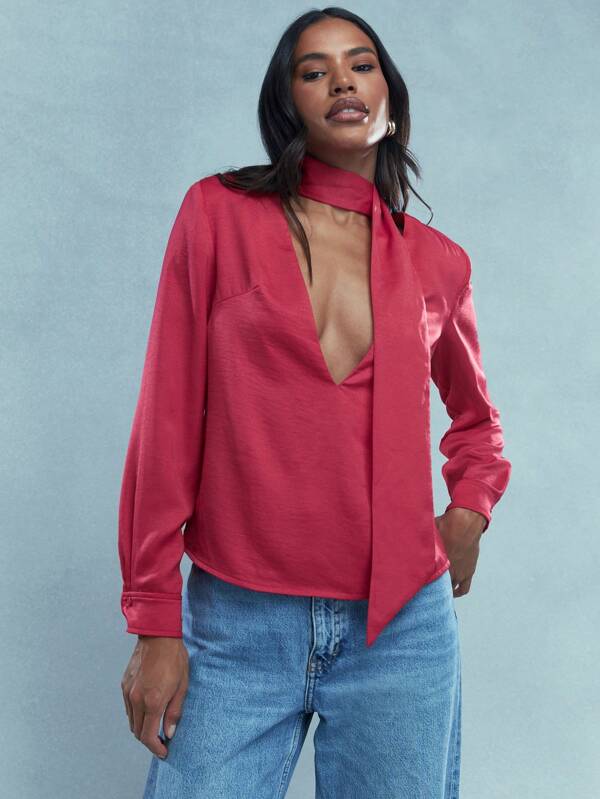 MISSGUIDED Deep V Neck Long Sleeve Blouse With Scarf