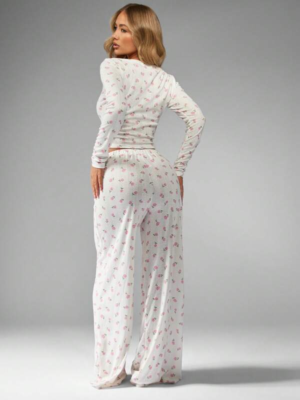 MISSGUIDED Delicate Floral Print Ribbed Knit Long Sleeve Wide Leg Pajama Set