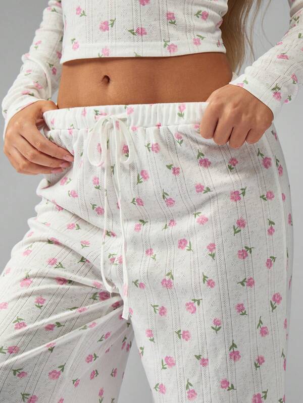MISSGUIDED Delicate Floral Print Ribbed Knit Long Sleeve Wide Leg Pajama Set