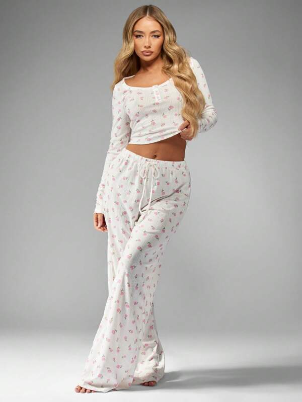 MISSGUIDED Delicate Floral Print Ribbed Knit Long Sleeve Wide Leg Pajama Set