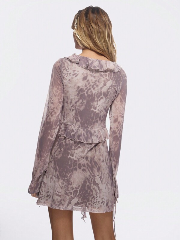 MISSGUIDED Delicate Ruffle Mesh Mini Dress With Long Sleeves Tie-Up Front