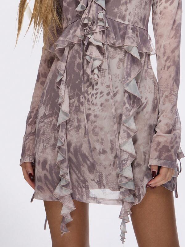 MISSGUIDED Delicate Ruffle Mesh Mini Dress With Long Sleeves Tie-Up Front