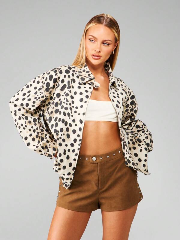 MISSGUIDED Denim Bomber Jacket With Dalmatian Print Pattern