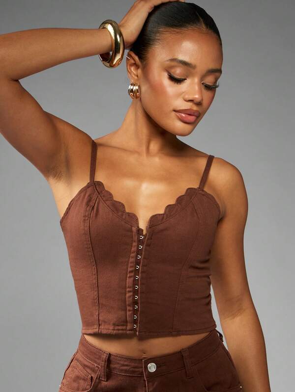 MISSGUIDED Denim Corset Top With Button Front And Elastic Back