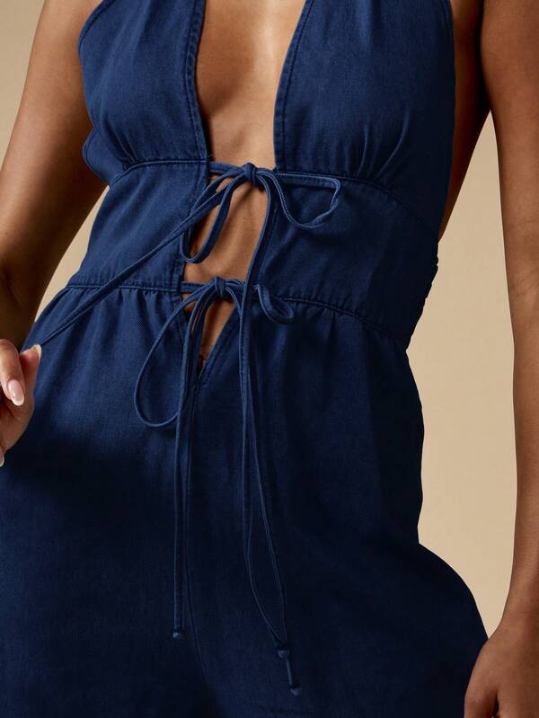 MISSGUIDED Denim Halter Jumpsuit With Wide Leg Design