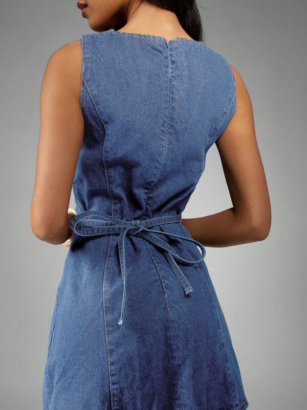 MISSGUIDED Denim Mini Dress Sleeveless A Line Shift Back Tie Waist