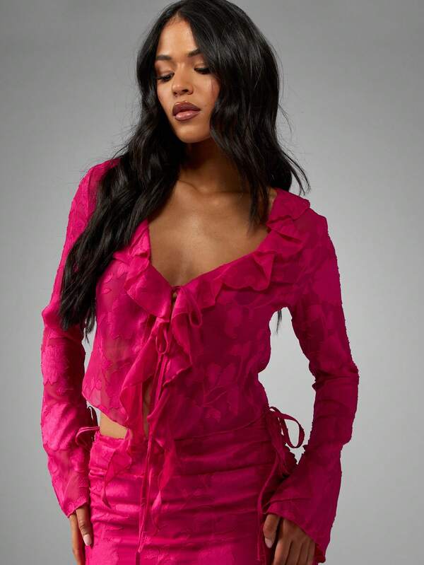 MISSGUIDED Devore Chiffon Long Sleeve Crop Top Features Ruffle V-Neck Tie Front