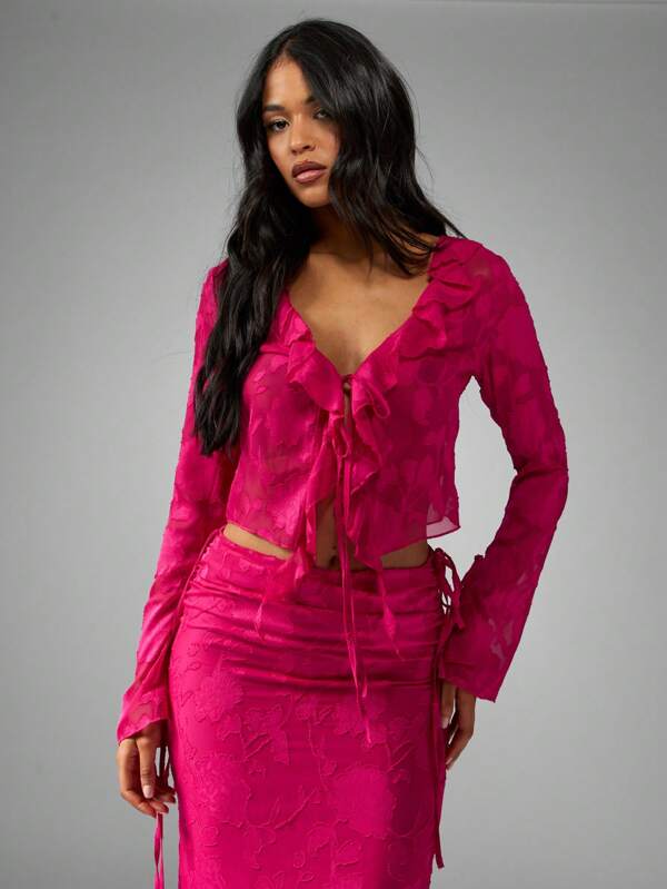 MISSGUIDED Devore Chiffon Long Sleeve Crop Top Features Ruffle V-Neck Tie Front