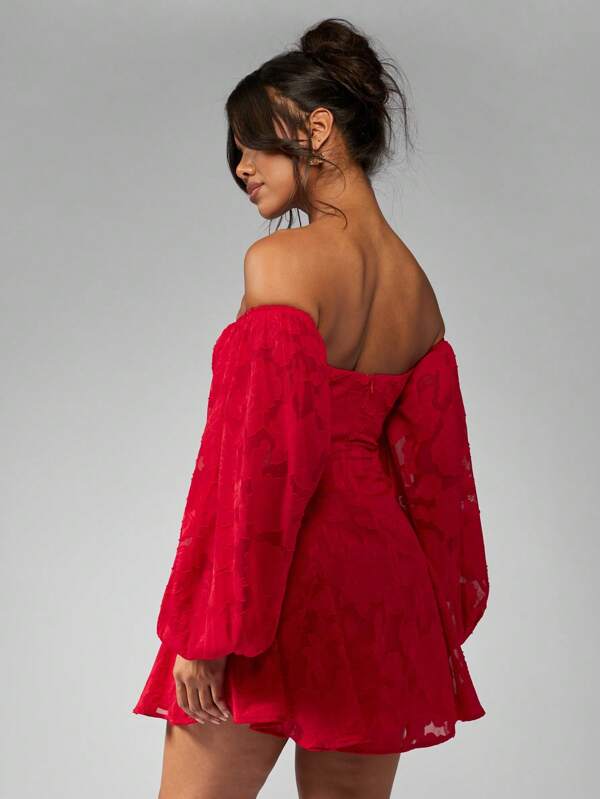 MISSGUIDED Devore Chiffon Off Shoulder Balloon Sleeve Mini Skater Dress