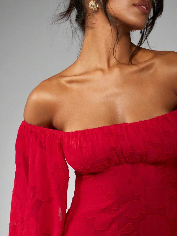 MISSGUIDED Devore Chiffon Off Shoulder Balloon Sleeve Mini Skater Dress