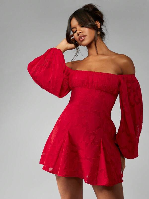 MISSGUIDED Devore Chiffon Off Shoulder Balloon Sleeve Mini Skater Dress