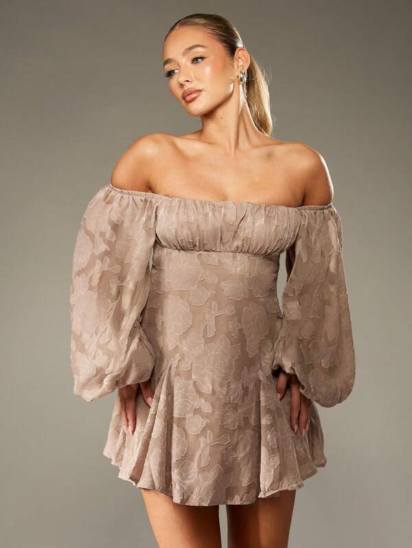 MISSGUIDED Devore Chiffon Off Shoulder Dress With Balloon Sleeves