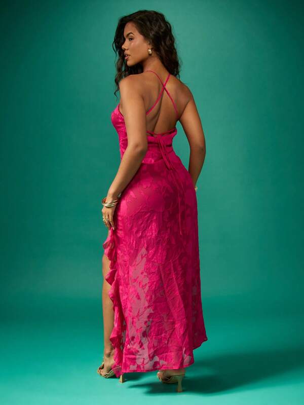 MISSGUIDED Devore Chiffon Plunge Neckline Ruffle Hem Maxi Dress