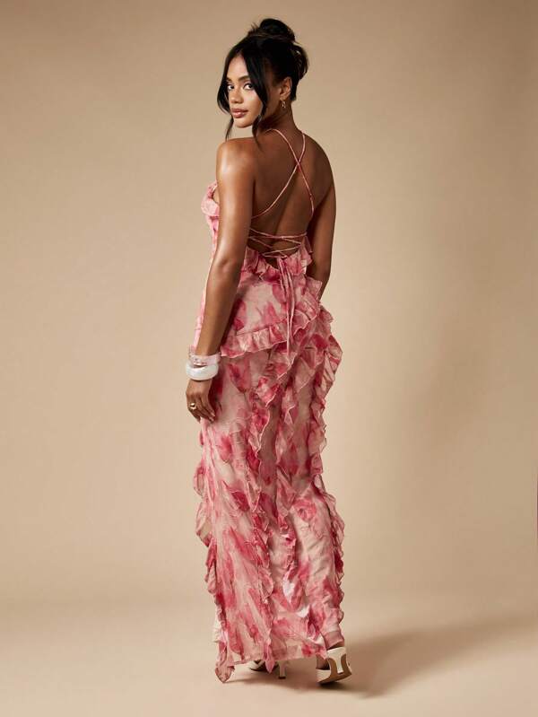 MISSGUIDED Devore Chiffon Ruffle Maxi Dress With Halter Neck