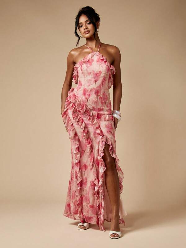 MISSGUIDED Devore Chiffon Ruffle Maxi Dress With Halter Neck