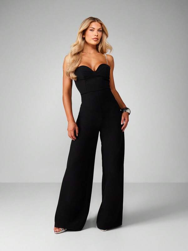 MISSGUIDED Diamante Strap Cupped Wide Leg Jumpsuit