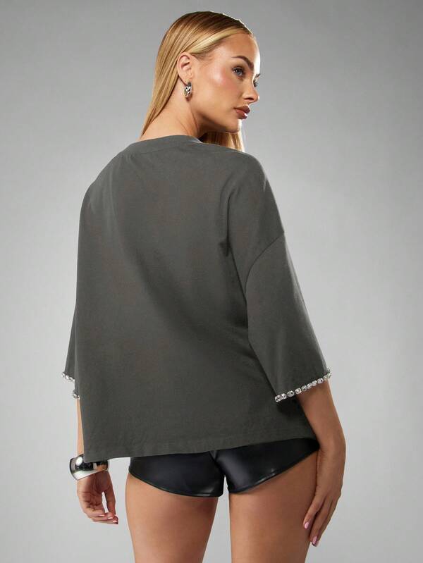 MISSGUIDED Diamante Trim Oversized T-Shirt With Rhinestone Details