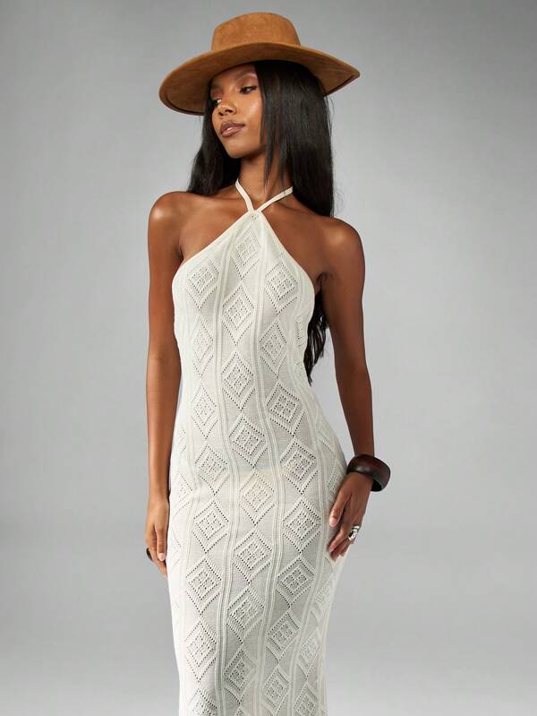 MISSGUIDED Diamond Pattern Halter Neck Maxi Dress With Crochet Design