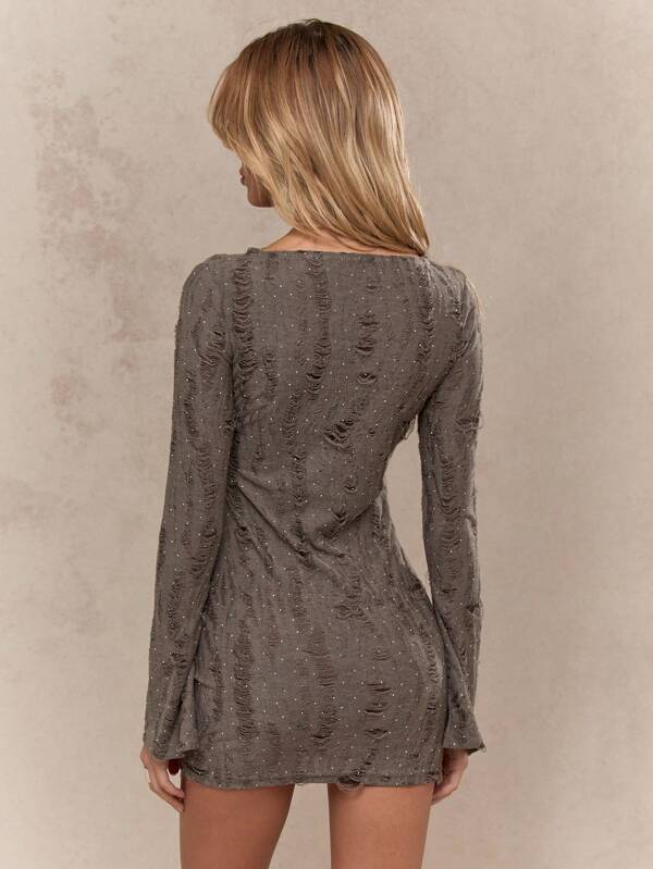MISSGUIDED Distressed Flared Sleeve Mini Dress With Rhinestones