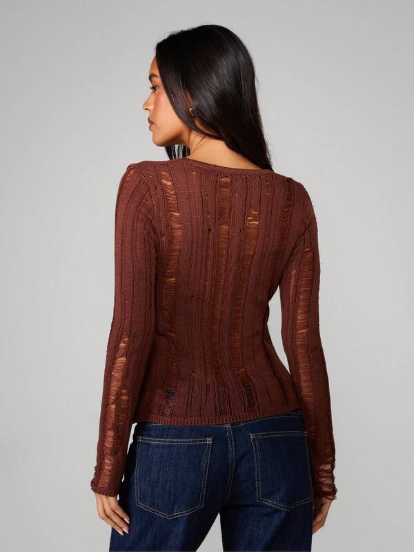 MISSGUIDED Distressed Knit Split Hem Sweater