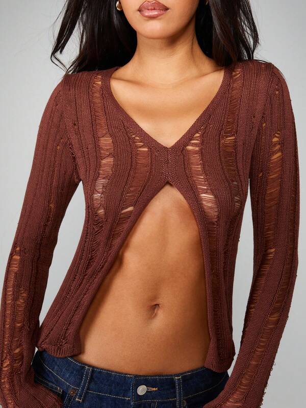 MISSGUIDED Distressed Knit Split Hem Sweater