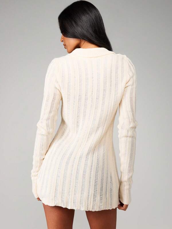 MISSGUIDED Distressed Ribbed Knit Button Up Cardigan With Collar